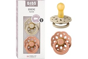 BIBS Boheme Paquete de 2 chupetes. Libre de BPA, Tetina redonda. Látex natural, Talla 1 (0-6 meses), Vanilla/Peach