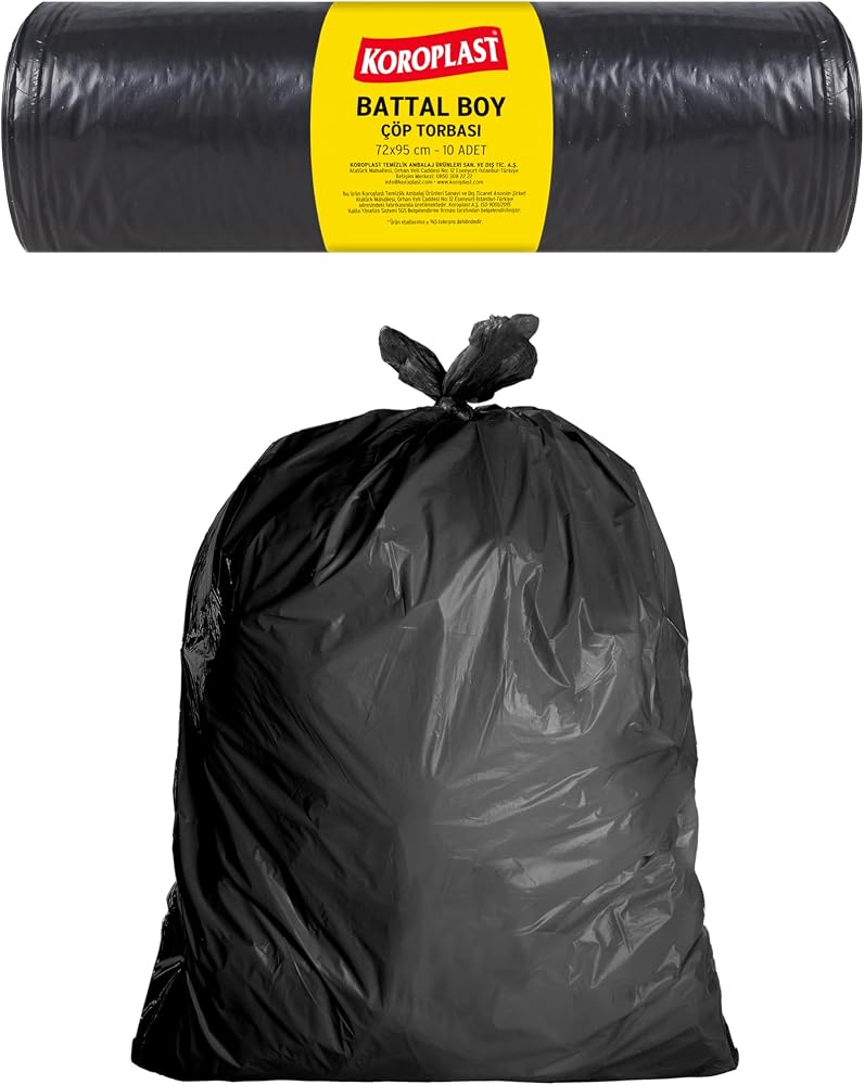 Koroplast Endüstriyel Çöp Torbası Battal Siyah 10 Adet 72 x 95 Cm, Kalın & Yırtılmaz, Sızdırmaz, Çift Katlı, Geri Dönüştürülebilir, Fabrika, Depo, Kafe, Otel, İnşaat Alanı, Atölye, Hastane, Bahçe