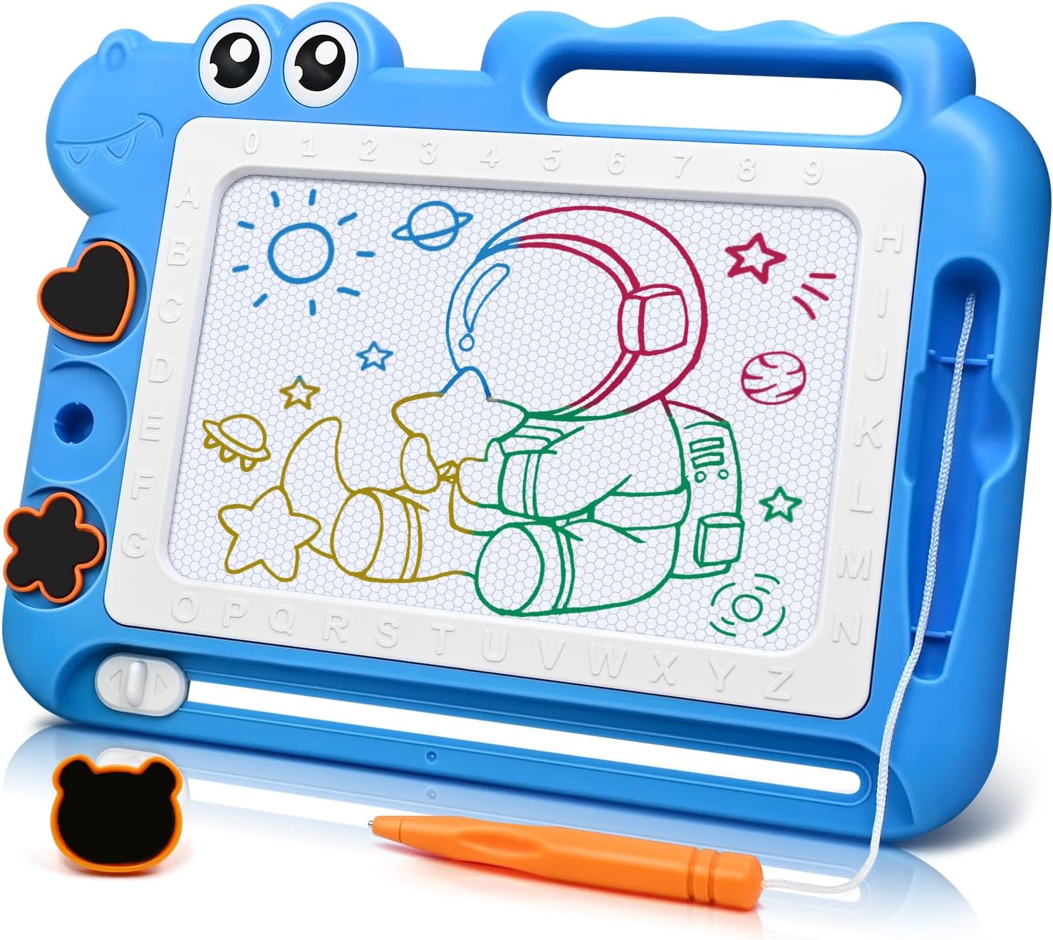 Dinosaurio Pizarra Magnética Infantil Juguetes 3 4 5 Años, Pizarra Magica Colorido Juegos Educativos Regalos para Niñas y Niños 3-5 Años, Viaje Juguetes con 4 áreas Color 3 Sellos 1 Bolígrafo, Azul