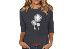 SCBFDI T Shirts for Women UK, 3/4 Sleeve T Shirts for Women Dandelion Graphic Round Neck Casual Blouses Fashion Print Dressy Tops Trendy Boho Clothes