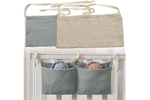 LONIMIA Babybett Organizer Hängend, Babybett Aufbewahrungstasche, Verstellbarer Organizer,Kinderzimmer Bett Organizer Zum Aufhängen (grau+milchweiß)