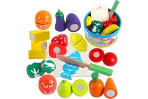 HVDHYY Kinderküche Zubehör Holzspielzeug Obst und Gemüse Holz Spielzeug Lebensmittel mit ab 2 3 4 Jahre Jungen Mädchen für Weihnachten Kindertag Geburtstag Party Geschenk