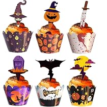 72 Stück Halloween-Cupcake-Aufsätze | 6 Motive (Kürbis, Geist, Fledermaus...) | Aus Papier & Bambus | Für Kuchen & Party-Deko