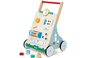 MEDOGA Wooden Baby Walker, 10 in 1 Baby Activity Center, Adjustable Wood Toddler Walker Toy for Boys and Girls (BW001)