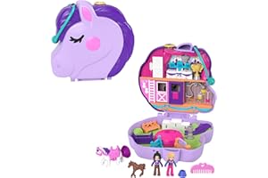 Polly Pocket Schatulle, in Pony Reitturnier Thema, mit 2 kleinen Puppen und 2 Pferden (1 mit Sattel und Schweifhaar), Polly Pocket Friends, Spielzeug ab 4 Jahre, GTN14