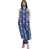 Pinkmint Women’s Pure Cambric Cotton Kurta Set | Sleeveless Printed Kurta with Pant | Summer Wear Co-Ord Set | Plus Casual