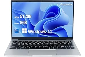 Auusda Laptop 14,1 cala, 8 GB RAM, 512 GB SSD, rozszerzenie pamięci 3 TB, Intel Celeron J4105 Up to 2.5 GHz, Windows 11 Pro, 5G WiFi, IPS 2K FHD, kamera internetowa, mini HDMI, USB 3.0 x2, Thin &