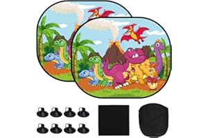 MONCAP 2 Pack Car Window Shades for Baby Car Sun Shade Cars Rear Sunshades UV-Protection Sun Visor for Car with Dinosaur Pattern 8pcs Suction Cups Storage Bag to Protect Baby Kid Pet