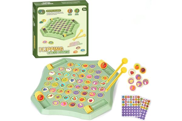 Glenston Flipping Chess Match Game Montessori Memory Matching Board Game for Kids Educational Animal & Fruit Theme Puzzle with Chips & Sticks Parent-Child Interactive Toy for Ages 3+