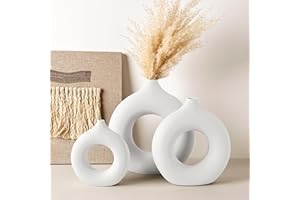 GUHAOOL Vasi in Ceramica a Ciambella, Set di 3 Vaso in Ceramica Bianca, Vaso a Ciambella per Erba di Pampa, Vaso Cavo Rotondo Nordico, Moderni Boho Vaso Decorativo per Soggiorno, Casa Tavolo, L+M+S