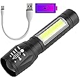 Cresce LED Torch Flashlight with COB Light Mini Waterproof Portable LED XPE COB Flashlight USB Rechargeable 3 Modes Light Flashlight with Hanging Rope Small Size Black Colored