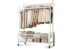 MONKLE - Appendiabiti da terra, Appendiabiti con ruote,stand appendiabiti con 2 strati di stoccaggio(bianco)