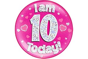 OAKTREE 6" Jumbo Badge I am 10 Today Pink Holographic Dot