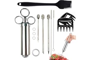 KATLKIU KATKLIU Siringa Alimentare in Acciaio Inox da 60ml con 3 Aghi – Siringa Marinatrice per Carne e BBQ, con Pennello e Artigli per Pulled Pork, Facile da Pulire