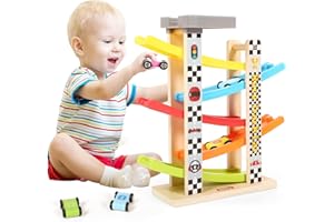 Belleur Murmelbahn Auto-Rennbahn aus Holz mit 5 Mini-Autos & 5 Rampen, Auto-Rennbahn für 1-3 Jahre alte Jungen und Mädchen, perfektes Holzspielzeug Babys Geburtstagsgeschenke, Besuchsgeschenke