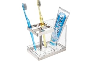 mDesign Wolnostoj?cy uchwyt na szczoteczki do z?bów – stojak na szczoteczki do z?bów z miejscem na 4 szczoteczki i past? do z?bów – uchwyt na produkty do piel?gnacji z?bów – przezroczysty i srebrny