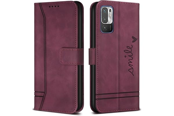 Bravoday Coque pour Redmi Note 10 5G / Redmi Note 10T 5G / Xiaomi Poco M3 Pro 5G, Etui Cuir avec Magnetique, Flip Pochette Housse pour Redmi Note 10 5G / 10T 5G / Poco M3 Pro 5G Protection, Vin Rouge