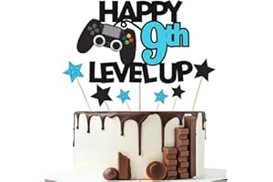 Gidobo 9th Birthday Cake Toppers, Black Glittery Cake Decorations with Controllers Themed, Nine Years Old Level Up Video Game Birthday Party Supplies for Boys
