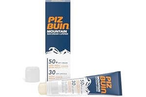 PIZ BUIN Mountain 2-in-1 Sonnencreme LSF 50+ 20 ml und Lippenpflege LSF 30 2,3 ml, feuchtigkeitsspendender Sonnenschutz speziell fürs Skifahren und Wandern, schützt vor Wind und Kälte
