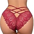 ROSVAJFY Women's Lace Knickers Sexy Cheeky Low Rise Thongs G-String Underwear Seamless Breathable Stretchy Panties See-Through Criss Cross Back Hollow Out Floral Lace Hipster Comfortable Bikini Brief