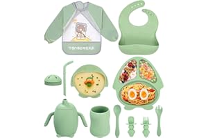 SinLaw Juego vajilla bebe de silicona,11 Piezas Vajilla de Silicona para Bebés Antideslizante, Plato Ventosa Dividido, Baby Weaning Self Feeding Cubiertos de Regalo (Verde)