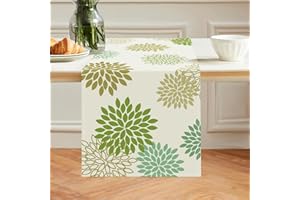 Bonhause Dahlia Pinnata Flower Table Runners for Kitchen Dinning Table Decoration, Green Yellow Geometric Pattern Table Runner for Indoor Outdoor Home Holiday Party Decor(33 x 183 cm)