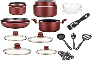 Herzberg - Batterie de Cuisine - Set de Casseroles et Poêles Induction 17 Éléments - Aluminium Forgé avec Revêtement Marbre - Poignée Amovible - Anti-Adhésif - Tous Feux - Gant Inclus - Bordeaux