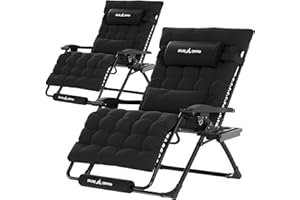 UDPATIO Set of 2 Sun Loungers with Cushion for Garden, Outdoor Reclining Zero Gravity Chair with Cup Holder, Extra Wide Folding Lounger Chair for Patio Beach Pool, Support 200kg Black XL
