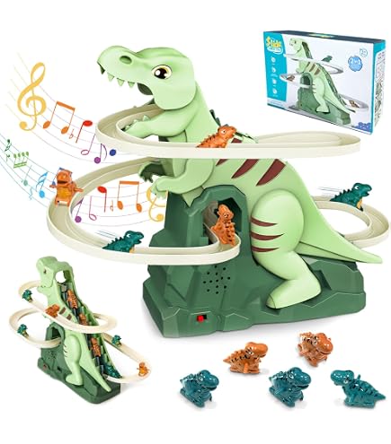 Circuit De Course Dinosaure Avec Escalier Et Toboggan Double Boucle – Jouet Éducatif Avec Musique Et Lumières Pour Enfants Dès 3 Ans