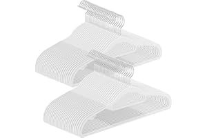 SONGMICS Juego de 50 Perchas, Perchas de Plástico, Antideslizantes, Ahorra Espacio, 0,5 cm de Grosor, 42 cm de Largo, Gancho Plata Giratorio de 360°, Blanco CRP020W05