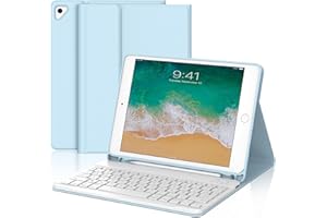 IVEOPPE Coque Clavier pour iPad 6/5 EME Generation/Pro 9.7/Air 2/Air 1 9.7", Étui Keyboard AZERTY Français Layout sans Fil Bluetooth Amovible avec Porte Crayon pour iPad 9.7 2018, Bleu Ciel