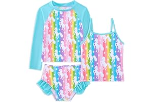 Belovecol Girls Swimming Costume 3-Piece Bathing Suit Long Sleeve Swimsuit with Ruffle Shorts Tankini Sets Beachwear 4-10 Years