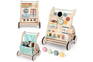 Bautia Baby Walker for 1 Year olds Boys Girls, Wooden Walker for Babies 12 Month Toys, Push Along Walker with Brakes, Detachable Activity Panel & Storage Bag