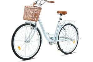 Viribus 26 Inch Vintage Ladies Bike with Basket, Dutch Style City Bicycle with Carbon Steel Frame, Dual V Brakes, Single Speed Women's Comfort Bike with Adjustable Seat and Handlebars
