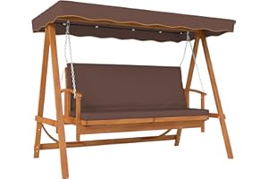 ‎OUTSUNNY Outsunny 2 in 1 Hollywoodschaukel mit Liegefunktion, 3-Sitzer Gartenschaukel aus Holz, Holzschaukel mit Sonnendach Sitzauflage, Schaukelbank bis 330kg, für Garten, Terrasse, 236x130x181 cm, Braun