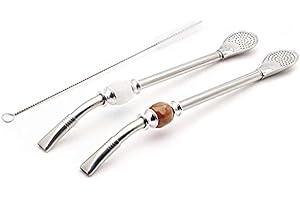 BALIBETOV Bombilla (Sorbetes) Premium de Acero Inoxidable para Beber Yerba Mate, con Cepillo y Filtro removible para Optima Limpieza - 22 cm de Largo. (Marron - Blanco)