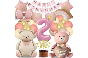 HAPPLIOPLAY 2nd Birthday Girl Bear Decoration Party, Balloon Birthday 2 Year Pink Gold, Children's Birthday Decoration Love Rainbow Bow, Happy Birthday Banner and Cake Decoration (Birthday Decoration 2 Year Girl