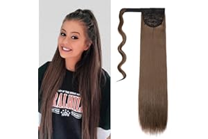 CYBELLEZA Coleta Postiza Extensiones de Cabello Natural Clip Pelo Sintetico Liso Largo Ponytail Hair Extension Cola Wrap Around (Castaño)