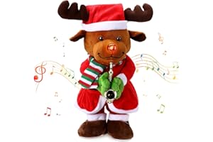 zerotop 13" Decorazione Natalizia Musicale con La Funzione Record, Alce di Natale Giocattoli di Peluche con Musica e Luci Giocattolo di Peluche che Canta Bambola di Pezza per il Regalo dei Bambini