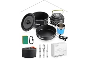 HOMGEN Set de Cocina Camping Portátil con Olla Sartén Tetera Tazas y Cubiertos Plegables de Aluminio Anodizado Ligero para 1-2 Personas Excursionismo Senderismo Picnic y Acampada
