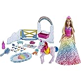 Barbie Dreamtopia Bebek ve Tek Boynuzlu At, renk değiştiren tuvaletiyle tek boynuzlu at ve 18 aksesuar, 3-7 yaş GTG01