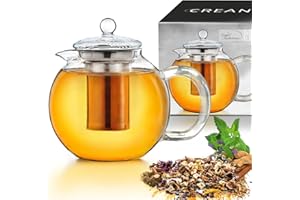 Creano Teekanne aus Glas 1,7l, 3-teilige Glasteekanne mit integriertem Edelstahl Sieb und Glasdeckel, ideal zur Zubereitung von losen Tees, tropffrei, All-in-one