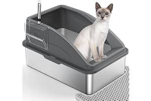FURTIME XXL pojemnik na litry XXL ze stali nierdzewnej z metalową miarką, Double Mat, High Rim, Large Litter Box for Large Cats, Easy to Clean (Dark Gray)
