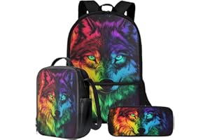 Wnbucioht Kids School Backpack Set with Lunch Box Animal Wolf Print School Bag for Boys Girls 8-14,Galaxy Wolf Bookbag for Children Teens Large Rucksack Animal Bagpack with Side Pocket