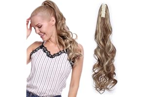 SILK-CO Postiche Queue de Cheval Ondulé A Pince Ombre Ponytail Extension - Brun Clair & Blond Cendré - 24" Claw On Extension Queue de Cheval Cheveux Synthetique