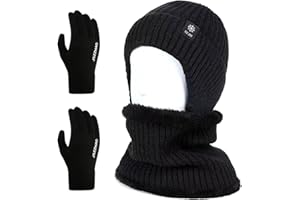 FOSDICK Conjunto Bufanda y Gorro y Guantes Mujer Hombre, Set de Braga Cuello Gorro Invierno Guantes Tactiles, Punto Gorra Bufandas Guante Termico, Gorras Beanie Bragas Cuello Winter Gloves, Negro