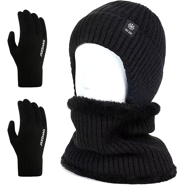 BSITSSS 3-in-1 wintermuts en sjaal-handschoenenset, dikke zachte beanie-muts slouchy nekwarmer thermische snoods touchscreen-handschoenen, uniseks thermische winterwarme gebreide muts