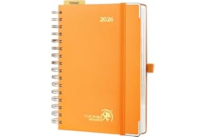 POPRUN Agenda 2026 Journalier 21,5 x 14,5 cm - Couverture Rigide Spirale, 1 Page par Jour A5 Planner, D'Jan 2026 à Déc 2026-12 Mois, Avec règle signet, Papier 80 g/m², Orange