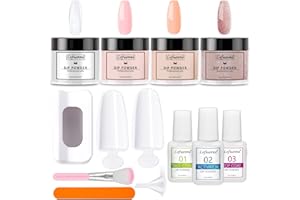 Lofuanna Dip Powder Nail Kit-4 Couleurs de Poudre à Tremper Transparente Rose Nude Rose Pailleté avec Base Couche Supérieure Activateur,Pas Besoin d'UV ni de LED,Ensemble de Manucure pour Débutantes