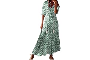 ZEIAYUAS Women's Summer Dress V Neck Boho Maxi Dresses Casual Half Sleeve Long Dress Bohemian Pleated Beach Dress Ladies Flowy Holiday Swing Loose Fit Dresses for Party Evening